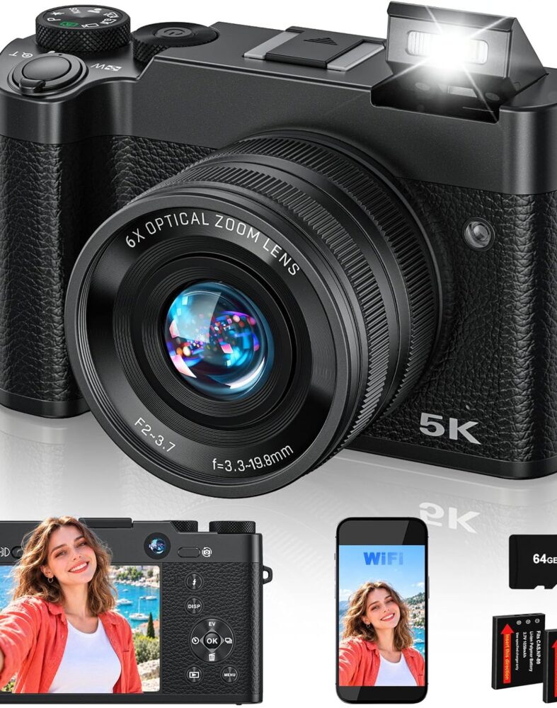 5K Digital Camera with 6X Optical Zoom,64MP WiFi Camera with 64GB Card