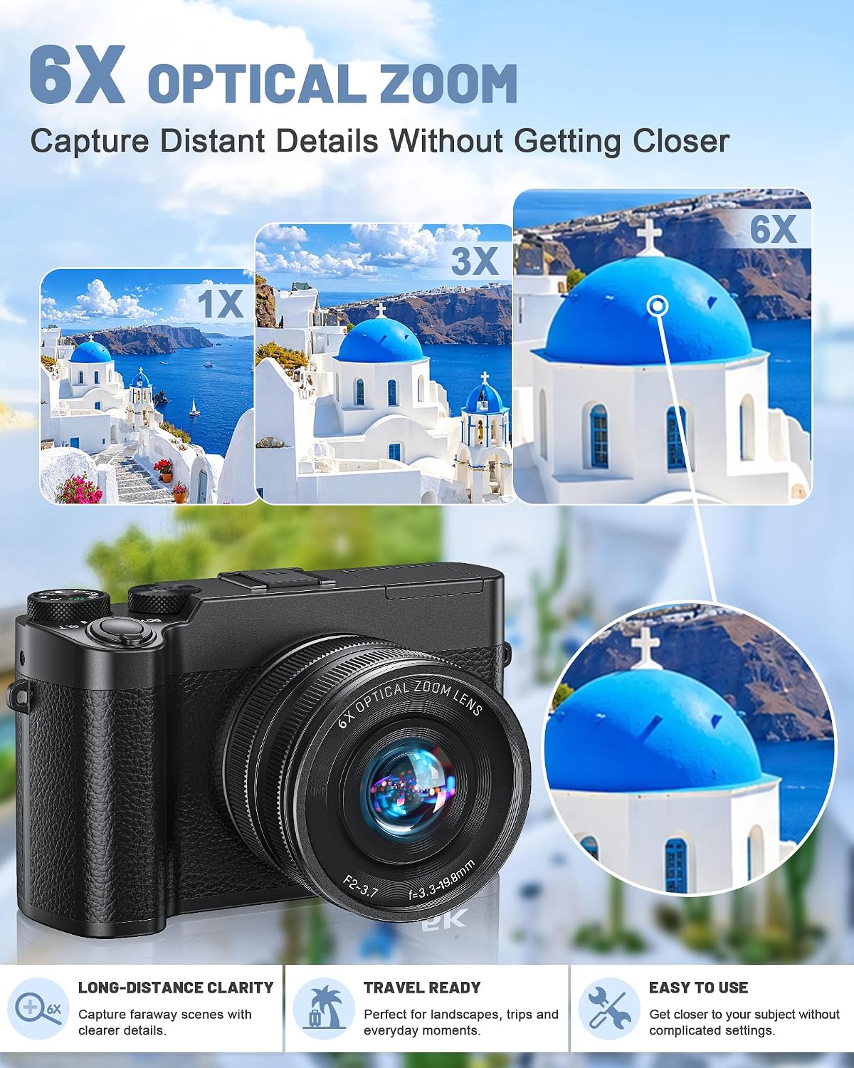 5K Digital Camera with 6X Optical Zoom,64MP WiFi Camera with 64GB Card - Image 3