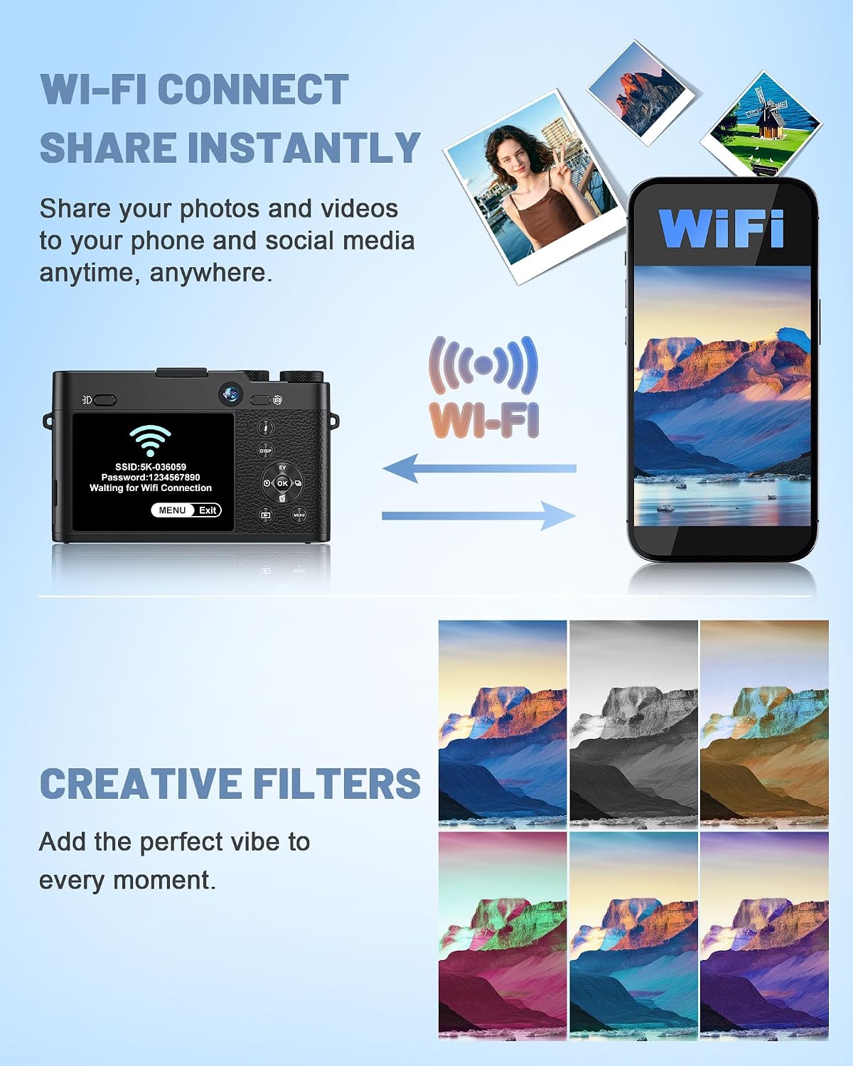 5K Digital Camera with 6X Optical Zoom,64MP WiFi Camera with 64GB Card - Image 8